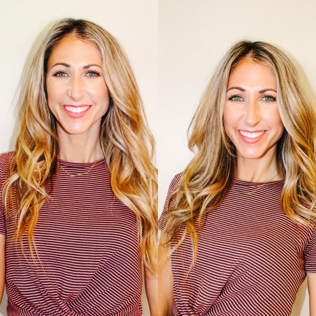 Beths before and after photo of the halo hair extensions.