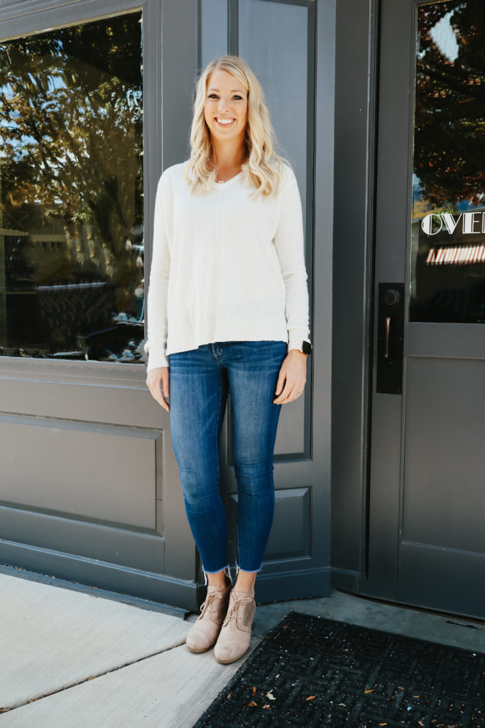 Winter fashion before and after. A women standing in a white sweater and jeans. 