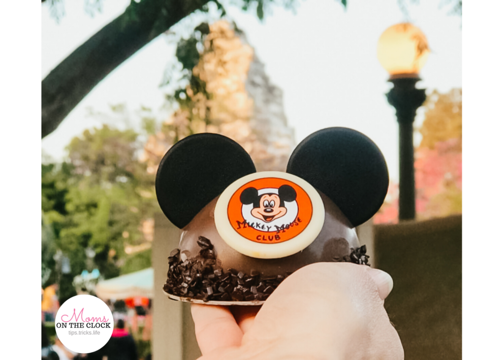 Mickey Mouse creme brule cake in front of the matterhorn at Disneyland